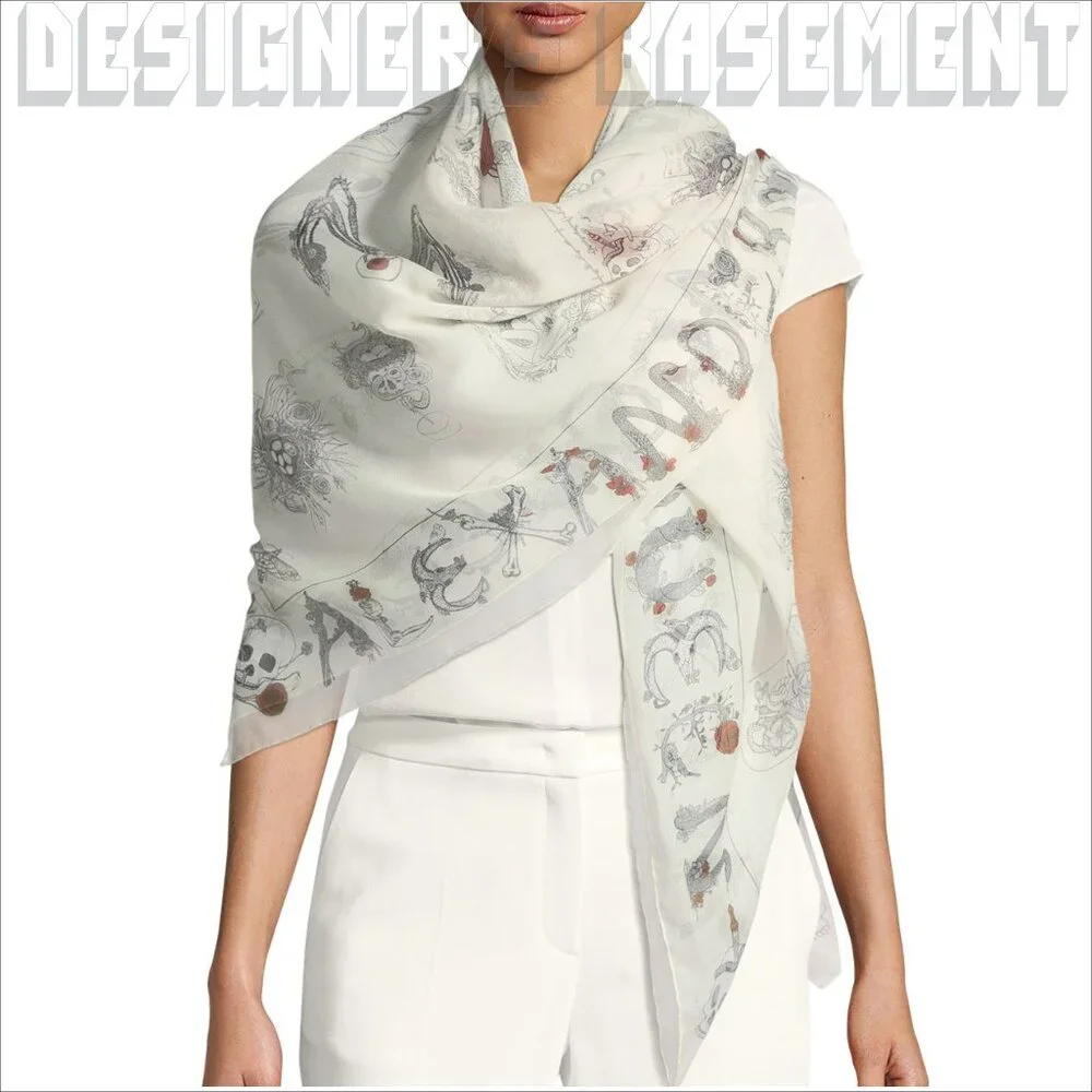ALEXANDER MCQUEEN white letters SKULL CABINETS silk chiffon 52